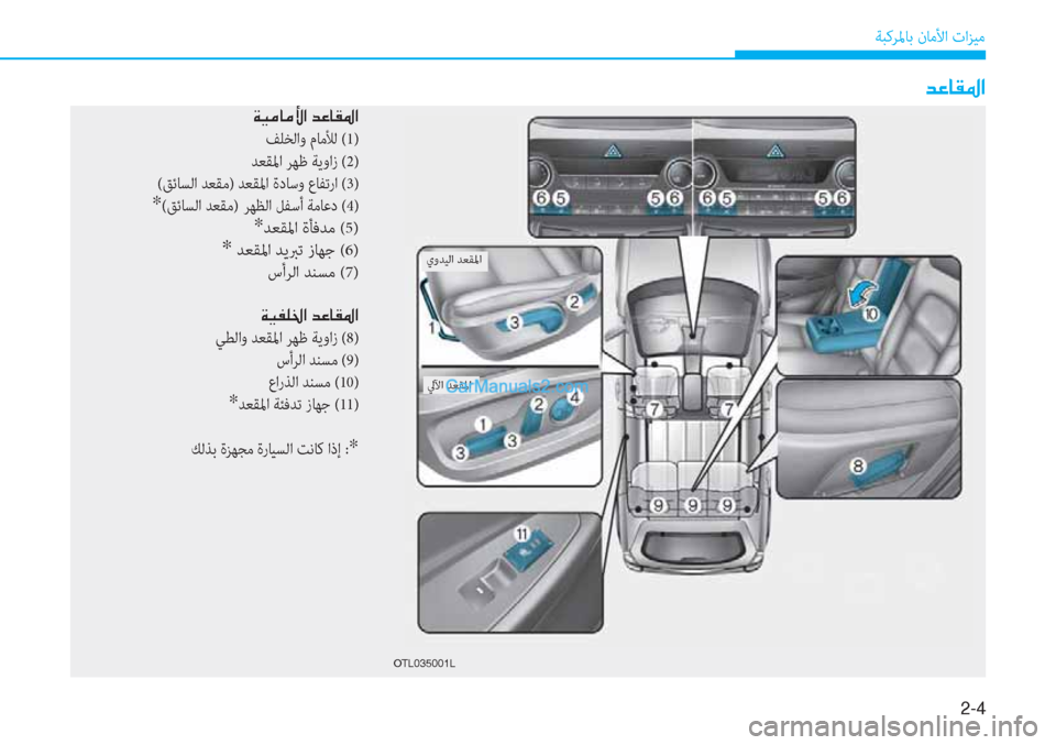 Hyundai Tucson 2019  دليل المالك 2-4
ﺔﺒﻛﺮﳌﺎﺑ نﺎﻣﻷا تاﺰﻴﻣ
�1�6�.�������.
�Ï�Ë�¼�@�¼�Û�?��d�¤�@�±�›�?
ﻒﻠﺨﻟاو مﺎﻣﻸﻟ (1)
 ﺪﻌﻘﳌا ﺮﻬﻇ ﺔﻳواز (2)
(ﻖﺋ