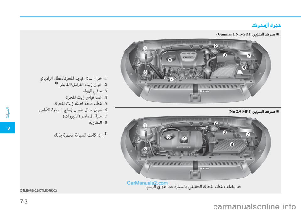 Hyundai Tucson 2019  دليل المالك 7-3
�5
ﺔﻧﺎﻴﺼﻟا
OTLE075002/OTLE075003
�·�h��?��Î�h�T�W
يرﺗﺎﻳداﺮﻟا ءﺎﻄﻏ/كﺮﺤﳌا ﺪﻳﱪﺗ ﻞﺋﺎﺳ ناﺰﺧ  .1
* ﺾﺑﺎﻘﻟا/ﻞﻣاﺮﻔ