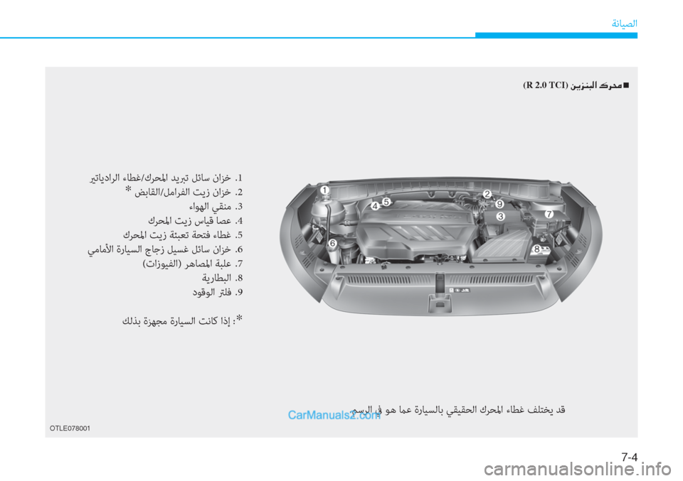 Hyundai Tucson 2019  دليل المالك 7-�
ﺔﻧﺎﻴﺼﻟا
OTLE078001
(R 2.0 TCI)�Â�Ê�j�Á�H�¸�?��·�h�ˆ��Q
يرﺗﺎﻳداﺮﻟا ءﺎﻄﻏ/كﺮﺤﳌا ﺪﻳﱪﺗ ﻞﺋﺎﺳ ناﺰﺧ  .1
* ﺾﺑﺎﻘﻟا/ﻞﻣ