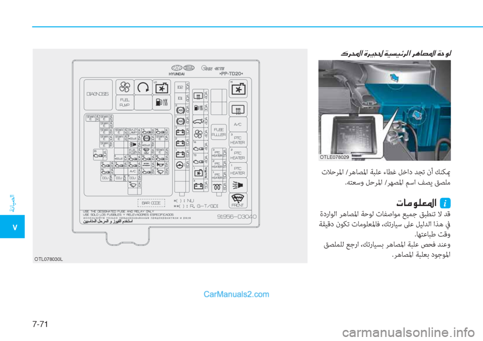 Hyundai Tucson 2019  دليل المالك 7-71
ﺔﻧﺎﻴﺼﻟا
�5
OTL078030L
��·�h��?��Î�h�Ê� �]�T�…��Ï�Ë�l�Ë�Ó�h�¸�?��h�Ä�@�t�›�?��Ï�W�É�¸
 تﻼﺣﺮﳌا /ﺮﻫﺎﺼﳌا ﺔﺒﻠﻋ ءﺎﻄﻏ ﻞﺧاد 