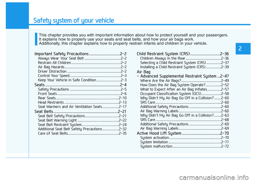 HYUNDAI NEXO 2020  Owners Manual Safety system of your vehicle
Important Safety Precautions ..............................2-2
Always Wear Your Seat Belt ..........................................2-2
Restrain All Children ............