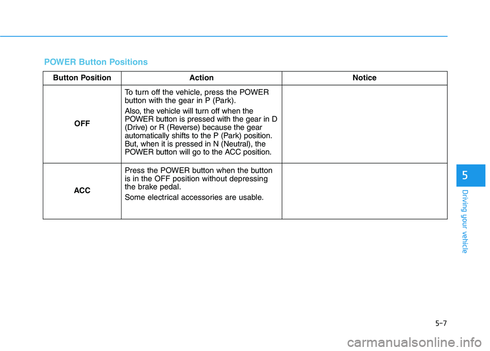 HYUNDAI NEXO 2020 Owners Manual 5-7
Driving your vehicle
5
POWER Button Positions
Button Position Action Notice
OFFTo turn off the vehicle, press the POWER
button with the gear in P (Park).
Also, the vehicle will turn off when the
P HYUNDAI NEXO 2020 Owners Manual 5-7
Driving your vehicle
5
POWER Button Positions
Button Position Action Notice
OFFTo turn off the vehicle, press the POWER
button with the gear in P (Park).
Also, the vehicle will turn off when the
P