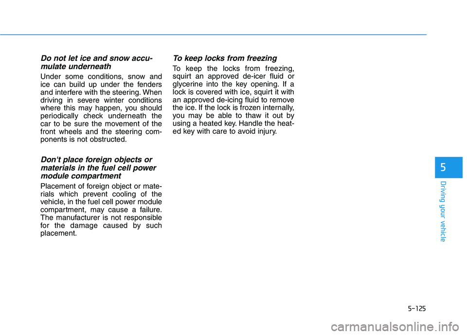 HYUNDAI NEXO 2020 Owners Manual 5-125
Driving your vehicle
5
Do not let ice and snow accu-
mulate underneath
Under some conditions, snow and
ice can build up under the fenders
and interfere with the steering. When
driving in severe HYUNDAI NEXO 2020 Owners Manual 5-125
Driving your vehicle
5
Do not let ice and snow accu-
mulate underneath
Under some conditions, snow and
ice can build up under the fenders
and interfere with the steering. When
driving in severe