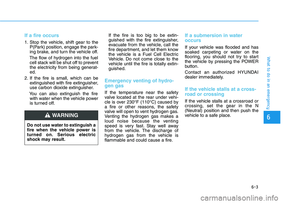 HYUNDAI NEXO 2020  Owners Manual 6-3
What to do in an emergency
If a fire occurs
1. Stop the vehicle, shift gear to the
P(Park) position, engage the park-
ing brake, and turn the vehicle off.
The flow of hydrogen into the fuel
cell s