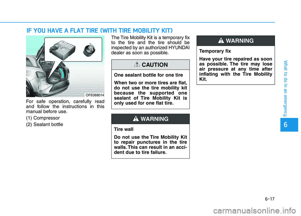 HYUNDAI NEXO 2020  Owners Manual 6-17
What to do in an emergency
6
For safe operation, carefully read
and follow the instructions in this
manual before use.
(1) Compressor
(2) Sealant bottleThe Tire Mobility Kit is a temporary fix
to