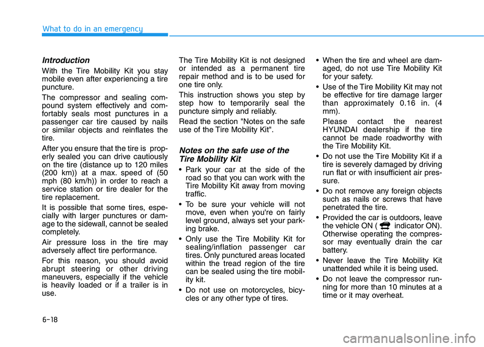 HYUNDAI NEXO 2020  Owners Manual 6-18
What to do in an emergency
Introduction
With the Tire Mobility Kit you stay
mobile even after experiencing a tire
puncture.
The compressor and sealing com-
pound system effectively and com-
forta