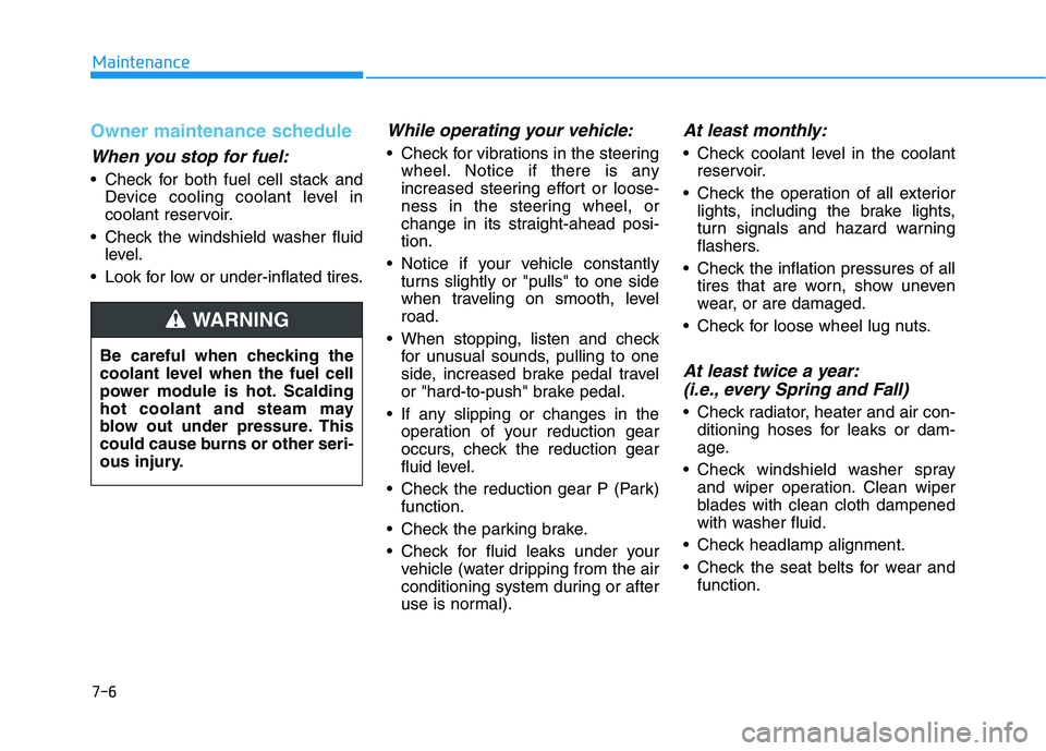 HYUNDAI NEXO 2020  Owners Manual 7-6
Maintenance
Owner maintenance schedule
When you stop for fuel:
• Check for both fuel cell stack andDevice cooling coolant level in
coolant reservoir.
 Check the windshield washer fluid level.
 L