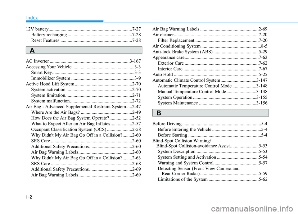 HYUNDAI NEXO 2020  Owners Manual I-2
12V battery......................................................................7-27
Battery recharging ......................................................7-28
Reset Features .................