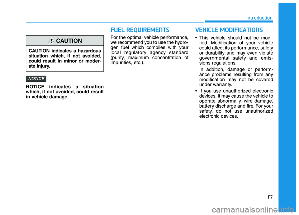 HYUNDAI NEXO 2020  Owners Manual F7
Introduction
F
FU
U E
EL
L 
 R
R E
EQ
Q U
UI
IR
R E
EM
M E
EN
N T
TS
S
NOTICE indicates a situation
which, if not avoided, could result
in vehicle damage. For the optimal vehicle performance,
we re