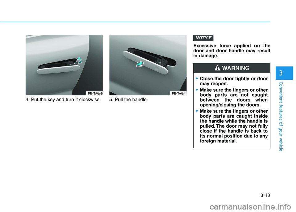 HYUNDAI NEXO 2020  Owners Manual 3-13
Convenient features of your vehicle
4. Put the key and turn it clockwise. 5. Pull the handle.Excessive force applied on the
door and door handle may result
in damage.
NOTICE
3
FE-TAG-6FE-TAG-4
Cl