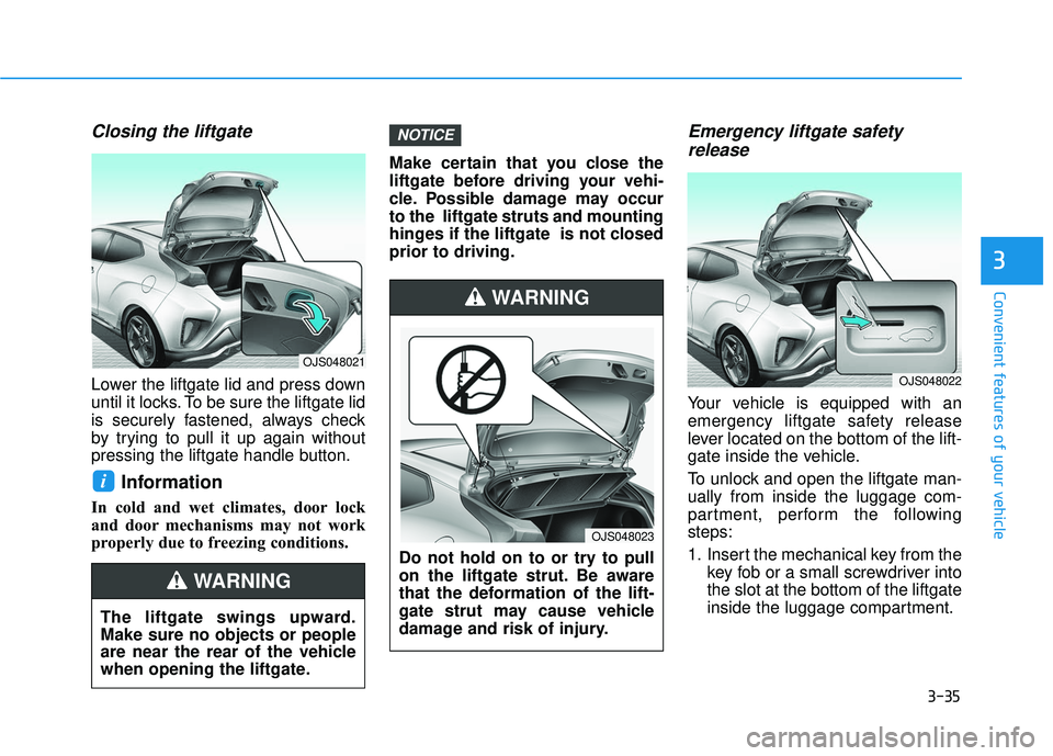 HYUNDAI VELOSTER 2019 Owners Manual 3-35
Convenient features of your vehicle
3
Closing the liftgate
Lower the liftgate lid and press down
until it locks. To be sure the liftgate lid
is securely fastened, always check
by trying to pull i HYUNDAI VELOSTER 2019 Owners Manual 3-35
Convenient features of your vehicle
3
Closing the liftgate
Lower the liftgate lid and press down
until it locks. To be sure the liftgate lid
is securely fastened, always check
by trying to pull i