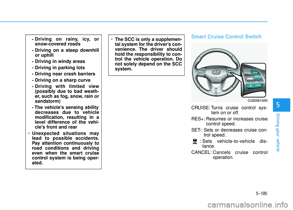 HYUNDAI VELOSTER 2019 Owners Manual 5-105
Driving your vehicle
5
Smart Cruise Control Switch
CRUISE: Turns cruise control sys-tem on or off.
RES+: Resumes or increases cruise control speed.
SET-: Sets or decreases cruise con- trol speed HYUNDAI VELOSTER 2019 Owners Manual 5-105
Driving your vehicle
5
Smart Cruise Control Switch
CRUISE: Turns cruise control sys-tem on or off.
RES+: Resumes or increases cruise control speed.
SET-: Sets or decreases cruise con- trol speed
