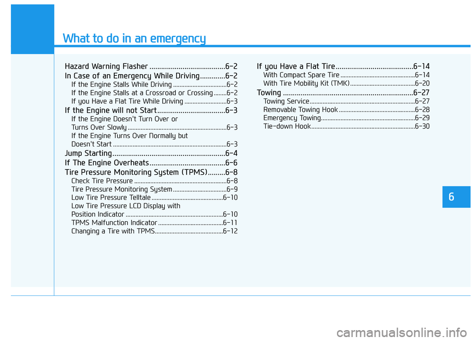 HYUNDAI VELOSTER 2019 Owners Manual What to do in an emergency
6
Hazard Warning Flasher .......................................6-2
In Case of an Emergency While Driving.............6-2
If the Engine Stalls While Driving ................ HYUNDAI VELOSTER 2019 Owners Manual What to do in an emergency
6
Hazard Warning Flasher .......................................6-2
In Case of an Emergency While Driving.............6-2
If the Engine Stalls While Driving ................