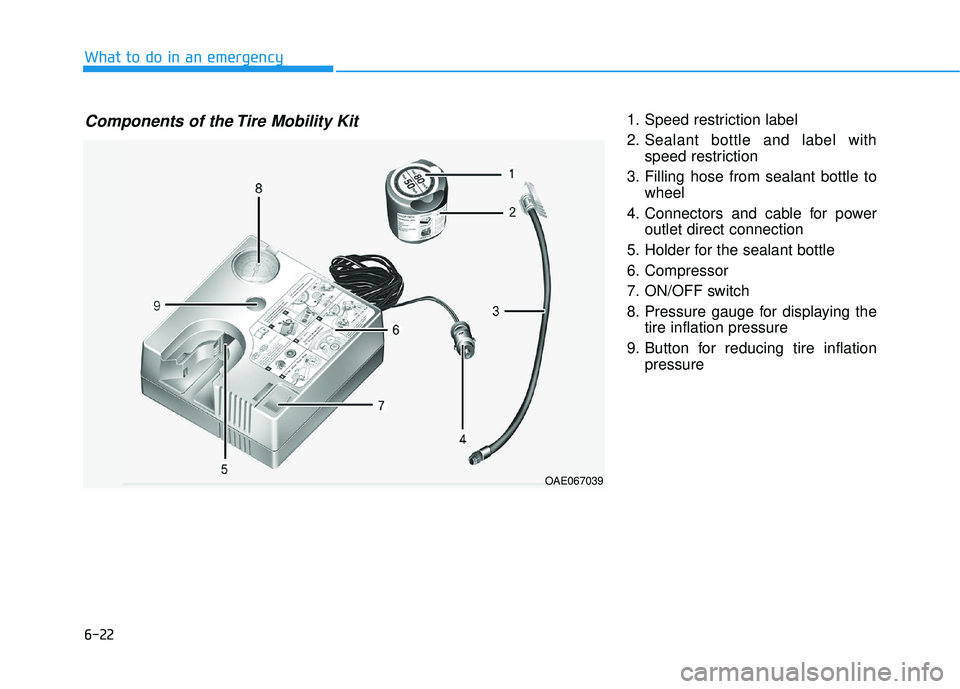 HYUNDAI VELOSTER 2019  Owners Manual 6-22
1. Speed restriction label
2. Sealant bottle and label withspeed restriction
3. Filling hose from sealant bottle to wheel
4. Connectors and cable for power outlet direct connection
5. Holder for 