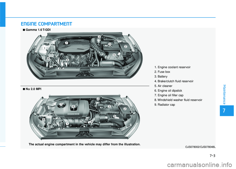 HYUNDAI VELOSTER 2019 Owners Manual 7-3
7
Maintenance
E
EN
N G
GI
IN
N E
E
C
C O
O M
M P
PA
A R
RT
TM
M E
EN
N T
T
OJS078002/OJS078048L
■
■Gamma 1.6 T-GDI
1. Engine coolant reservoir
2. Fuse box
3. Battery
4. Brake/clutch flui HYUNDAI VELOSTER 2019 Owners Manual 7-3
7
Maintenance
E
EN
N G
GI
IN
N E
E
C
C O
O M
M P
PA
A R
RT
TM
M E
EN
N T
T
OJS078002/OJS078048L
■
■Gamma 1.6 T-GDI
1. Engine coolant reservoir
2. Fuse box
3. Battery
4. Brake/clutch flui