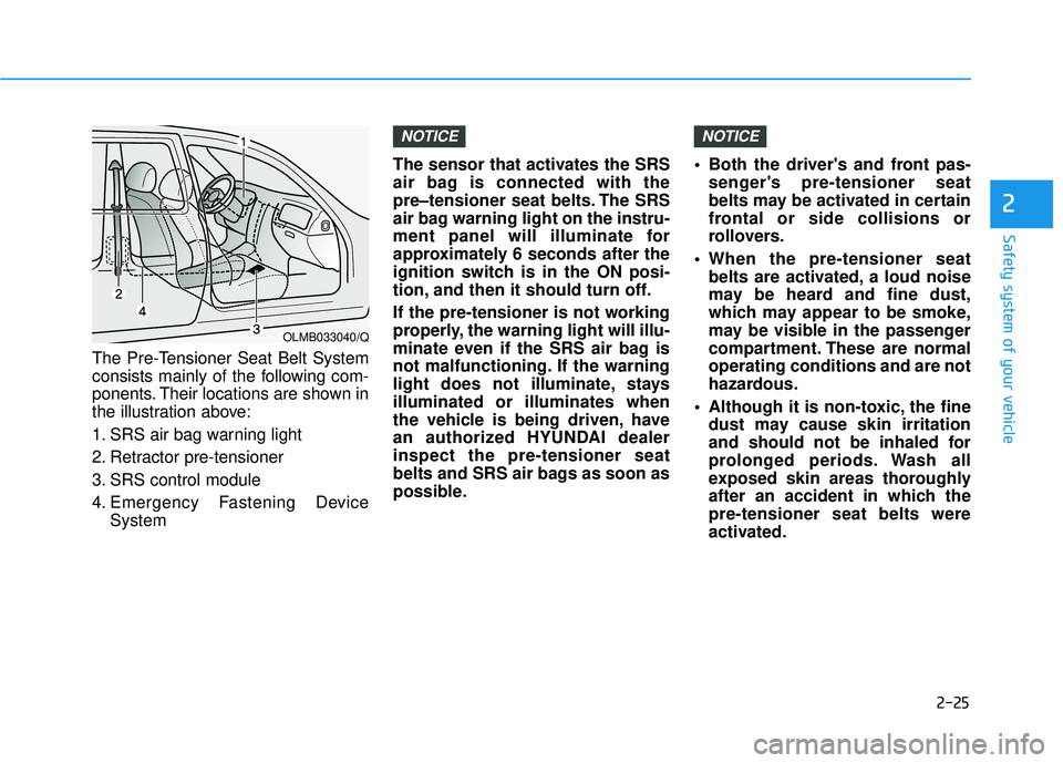 HYUNDAI VELOSTER 2019  Owners Manual 2-25
Safety system of your vehicle
2
The Pre-Tensioner Seat Belt System
consists mainly of the following com-
ponents. Their locations are shown in
the illustration above:
1. SRS air bag warning light