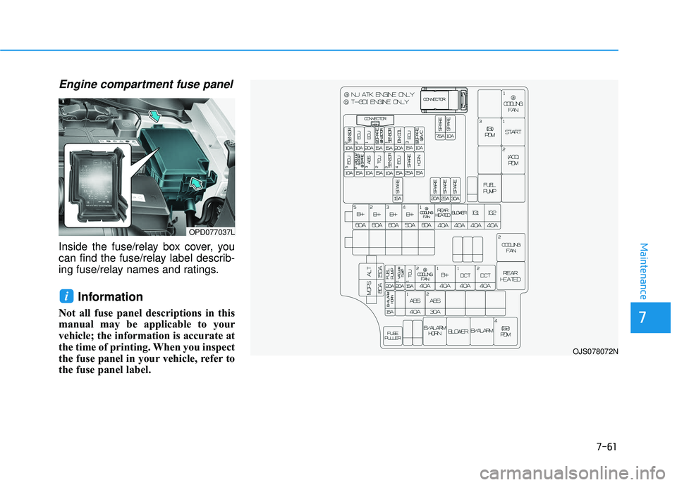 HYUNDAI VELOSTER 2019  Owners Manual 7-61
7
Maintenance
Engine compartment fuse panel
Inside the fuse/relay box cover, you
can find the fuse/relay label describ-
ing fuse/relay names and ratings.
Information 
Not all fuse panel descripti