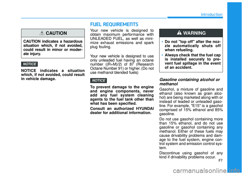 HYUNDAI VELOSTER 2019  Owners Manual F7
Introduction
F
FU
U E
EL
L 
 R
R E
EQ
Q U
UI
IR
R E
EM
M E
EN
N T
TS
S
NOTICE indicates a situation
which, if not avoided, could result
in vehicle damage. Your new vehicle is designed to
obtain max