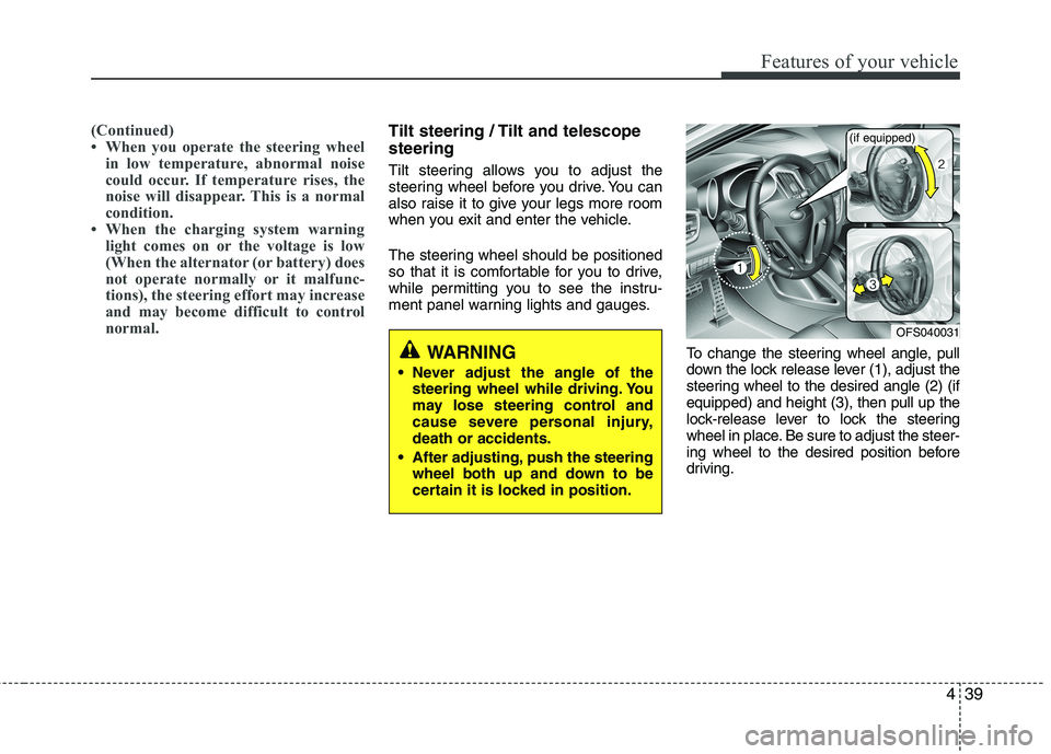 HYUNDAI VELOSTER 2015 Owners Manual 439
Features of your vehicle
(Continued)
• When you operate the steering wheel
in low temperature, abnormal noise
could occur. If temperature rises, the
noise will disappear. This is a normal
condit HYUNDAI VELOSTER 2015 Owners Manual 439
Features of your vehicle
(Continued)
• When you operate the steering wheel
in low temperature, abnormal noise
could occur. If temperature rises, the
noise will disappear. This is a normal
condit