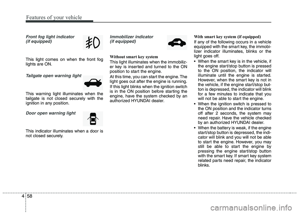 HYUNDAI VELOSTER 2015  Owners Manual Features of your vehicle
58 4
Front fog light indicator 
(if equipped)  
This light comes on when the front fog
lights are ON.
Tailgate open warning light
This warning light illuminates when the
tailg