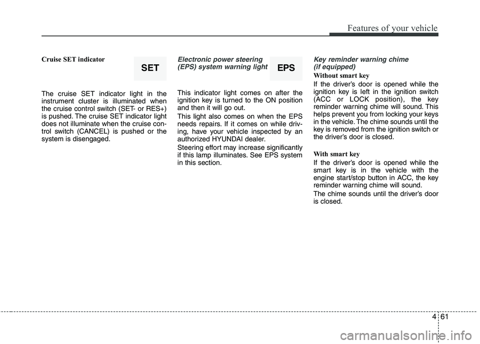 HYUNDAI VELOSTER 2015  Owners Manual 461
Features of your vehicle
Cruise SET indicator
The cruise SET indicator light in the
instrument cluster is illuminated when
the cruise control switch (SET- or RES+)
is pushed. The cruise SET indica