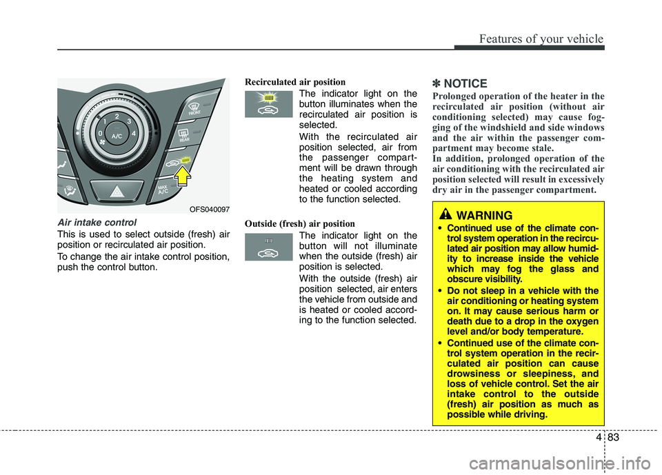 HYUNDAI VELOSTER 2015  Owners Manual 483
Features of your vehicle
Air intake control 
This is used to select outside (fresh) air
position or recirculated air position.
To change the air intake control position,
push the control button.Re