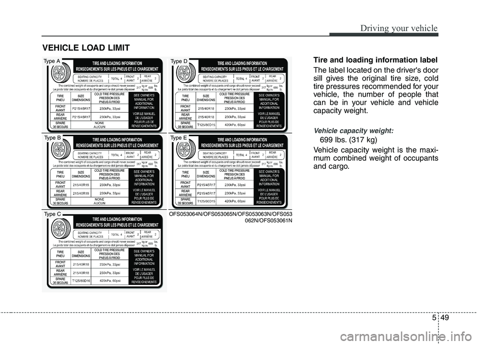 HYUNDAI VELOSTER 2015 Owners Manual 549
Driving your vehicle
Tire and loading information label
The label located on the drivers door
sill gives the original tire size, cold
tire pressures recommended for your
vehicle, the number of pe HYUNDAI VELOSTER 2015 Owners Manual 549
Driving your vehicle
Tire and loading information label
The label located on the drivers door
sill gives the original tire size, cold
tire pressures recommended for your
vehicle, the number of pe