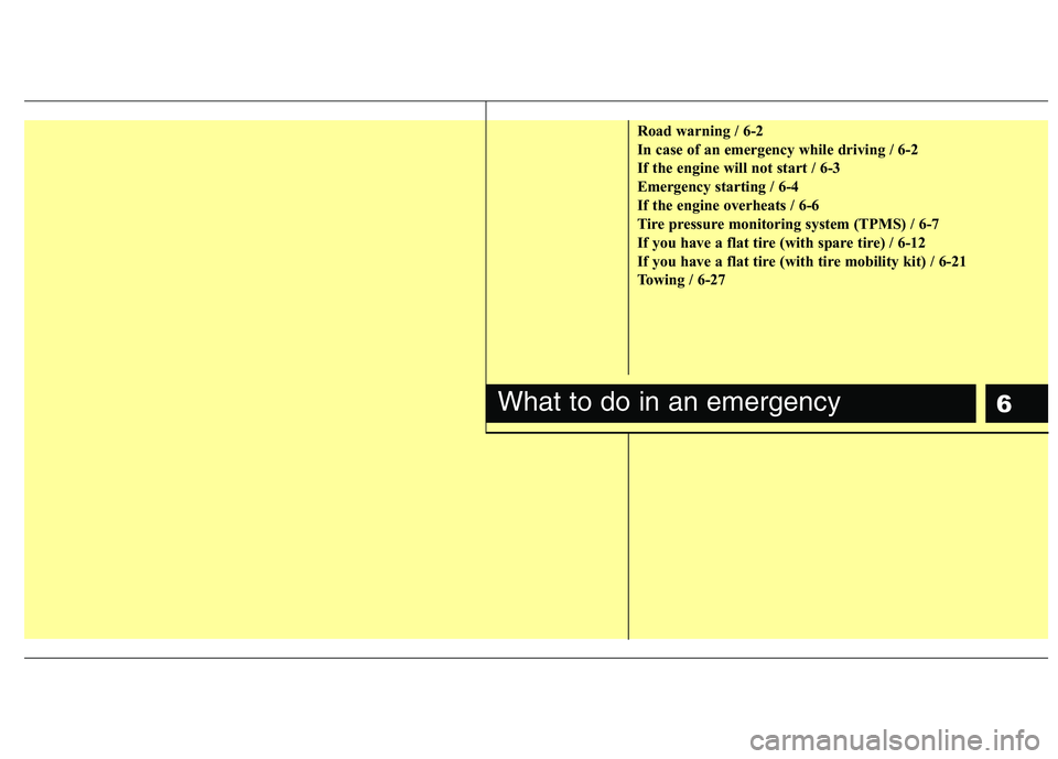 HYUNDAI VELOSTER 2015  Owners Manual 6
Road warning / 6-2
In case of an emergency while driving / 6-2
If the engine will not start / 6-3
Emergency starting / 6-4
If the engine overheats / 6-6
Tire pressure monitoring system (TPMS) / 6-7
