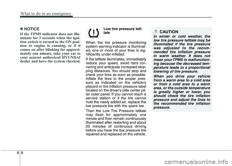 HYUNDAI VELOSTER 2015  Owners Manual What to do in an emergency
8 6
✽
✽
NOTICE
If the TPMS indicator does not illu-
minate for 3 seconds when the igni-
tion switch is turned to the ON posi-
tion or engine is running, or if it
comes o