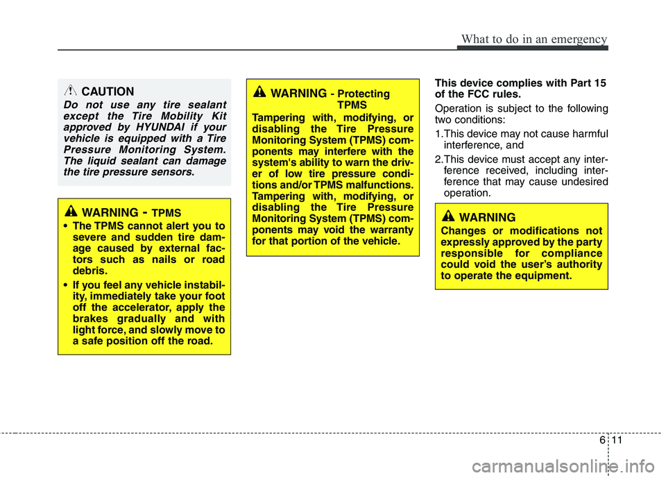 HYUNDAI VELOSTER 2015  Owners Manual 611
What to do in an emergency
This device complies with Part 15
of the FCC rules.
Operation is subject to the following
two conditions:
1.This device may not cause harmful
interference, and 
2.This d