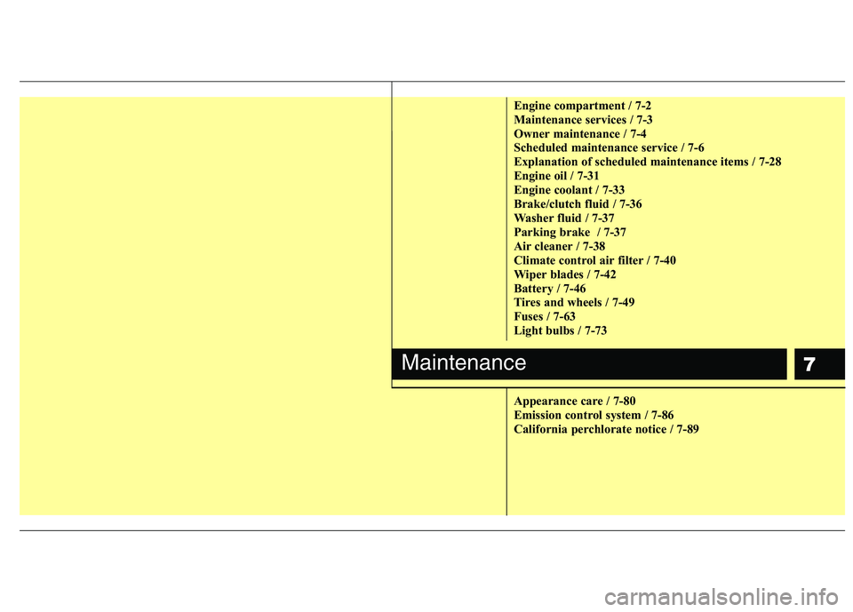 HYUNDAI VELOSTER 2015 Owners Manual 7
Engine compartment / 7-2
Maintenance services / 7-3
Owner maintenance / 7-4
Scheduled maintenance service / 7-6
Explanation of scheduled maintenance items / 7-28
Engine oil / 7-31
Engine coolant / 7 HYUNDAI VELOSTER 2015 Owners Manual 7
Engine compartment / 7-2
Maintenance services / 7-3
Owner maintenance / 7-4
Scheduled maintenance service / 7-6
Explanation of scheduled maintenance items / 7-28
Engine oil / 7-31
Engine coolant / 7