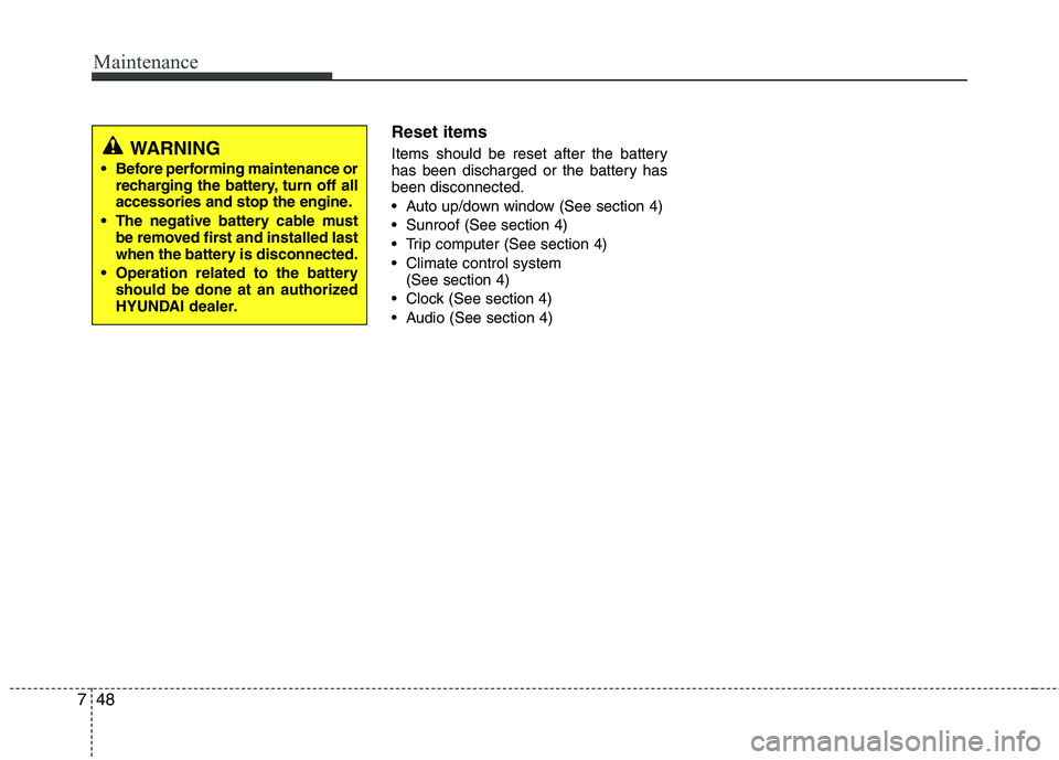 HYUNDAI VELOSTER 2015 User Guide Maintenance
48 7
Reset items
Items should be reset after the battery
has been discharged or the battery has
been disconnected.
 Auto up/down window (See section 4)
 Sunroof (See section 4)
 Trip compu