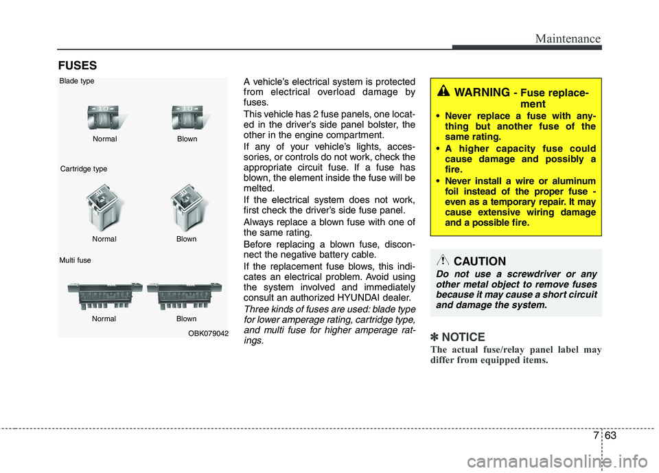 HYUNDAI VELOSTER 2015 User Guide 763
Maintenance
FUSES
A vehicle’s electrical system is protected
from electrical overload damage by
fuses.
This vehicle has 2 fuse panels, one locat-
ed in the driver’s side panel bolster, the
oth