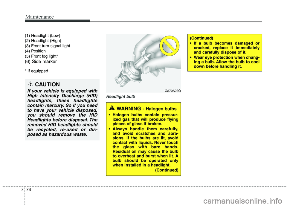 HYUNDAI VELOSTER 2015 Owners Manual Maintenance
74 7
(1) Headlight (Low)
(2) Headlight (High)
(3) Front turn signal light
(4) Position
(5) Front fog light*
(6) Side marker
* if equipped
Headlight bulb
(Continued)
If a bulb becomes dam HYUNDAI VELOSTER 2015 Owners Manual Maintenance
74 7
(1) Headlight (Low)
(2) Headlight (High)
(3) Front turn signal light
(4) Position
(5) Front fog light*
(6) Side marker
* if equipped
Headlight bulb
(Continued)
If a bulb becomes dam