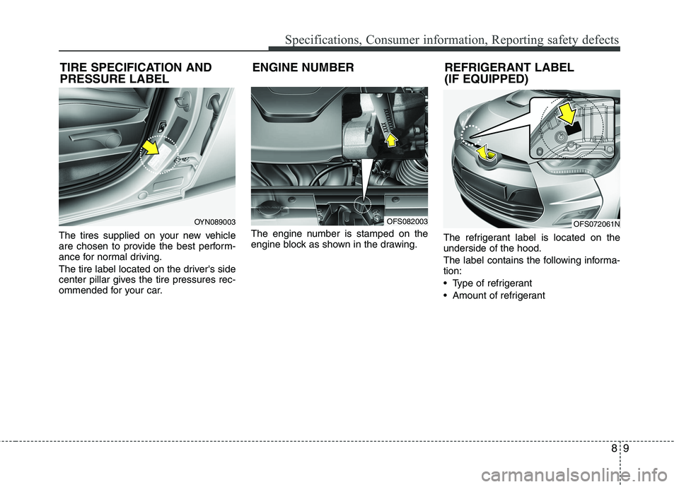 HYUNDAI VELOSTER 2015  Owners Manual 89
Specifications, Consumer information, Reporting safety defects
The tires supplied on your new vehicle
are chosen to provide the best perform-
ance for normal driving.
The tire label located on the 