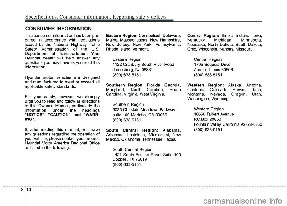 HYUNDAI VELOSTER 2015 User Guide Specifications, Consumer information, Reporting safety defects
10 8
This consumer information has been pre-
pared in accordance with regulations
issued by the National Highway Traffic
Safety Administr