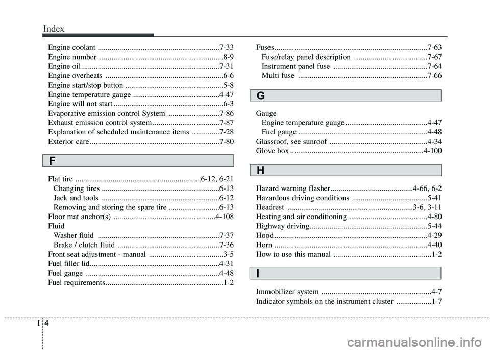 HYUNDAI VELOSTER 2015  Owners Manual Index
4I
Engine coolant ..............................................................7-33
Engine number ................................................................8-9
Engine oil ................