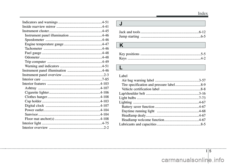 HYUNDAI VELOSTER 2015 Owners Manual I5
Index
Indicators and warnings ................................................4-51
Inside rearview mirror ..................................................4-41
Instrument cluster ................. HYUNDAI VELOSTER 2015 Owners Manual I5
Index
Indicators and warnings ................................................4-51
Inside rearview mirror ..................................................4-41
Instrument cluster .................