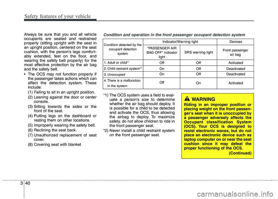HYUNDAI VELOSTER 2015 Workshop Manual Safety features of your vehicle
40 3
Always be sure that you and all vehicle
occupants are seated and restrained
properly (sitting upright with the seat in
an upright position, centered on the seat
cu HYUNDAI VELOSTER 2015 Workshop Manual Safety features of your vehicle
40 3
Always be sure that you and all vehicle
occupants are seated and restrained
properly (sitting upright with the seat in
an upright position, centered on the seat
cu