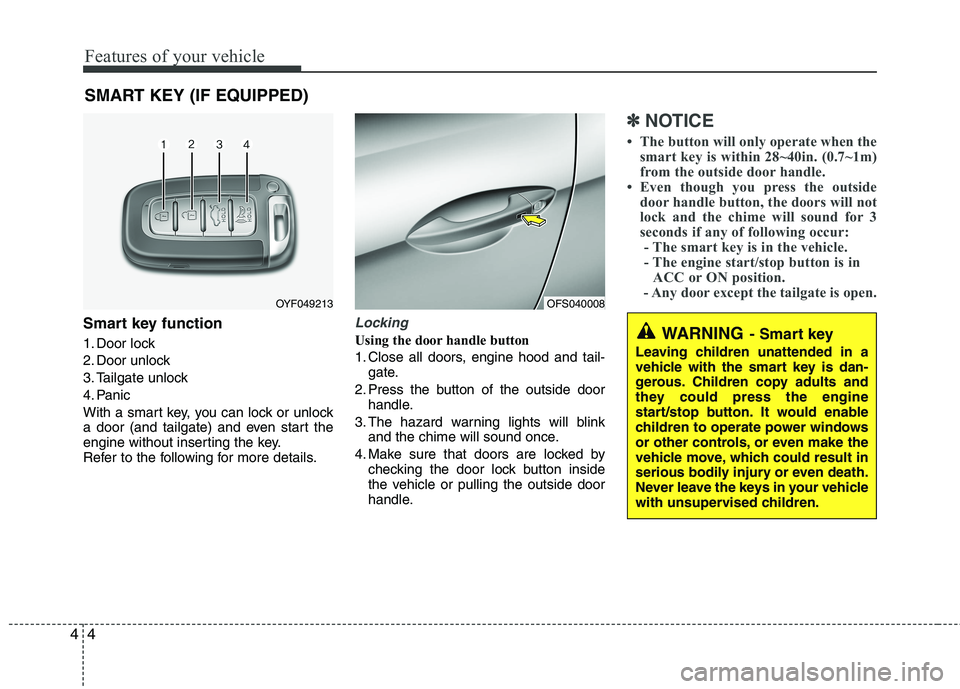 HYUNDAI VELOSTER 2015  Owners Manual Features of your vehicle
4 4
Smart key function
1. Door lock
2. Door unlock
3. Tailgate unlock
4. Panic
With a smart key, you can lock or unlock
a door (and tailgate) and even start the
engine without