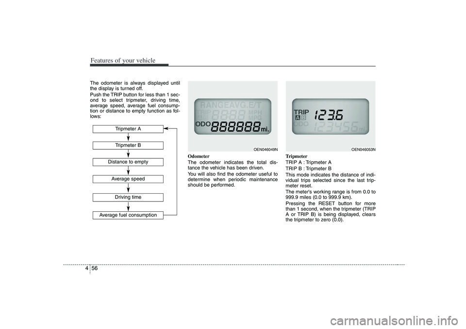 HYUNDAI VERACRUZ 2008 Owners Manual Features of your vehicle56 4The odometer is always displayed until
the display is turned off.
Push the TRIP button for less than 1 sec-
ond to select tripmeter, driving time,
average speed, average fu HYUNDAI VERACRUZ 2008 Owners Manual Features of your vehicle56 4The odometer is always displayed until
the display is turned off.
Push the TRIP button for less than 1 sec-
ond to select tripmeter, driving time,
average speed, average fu