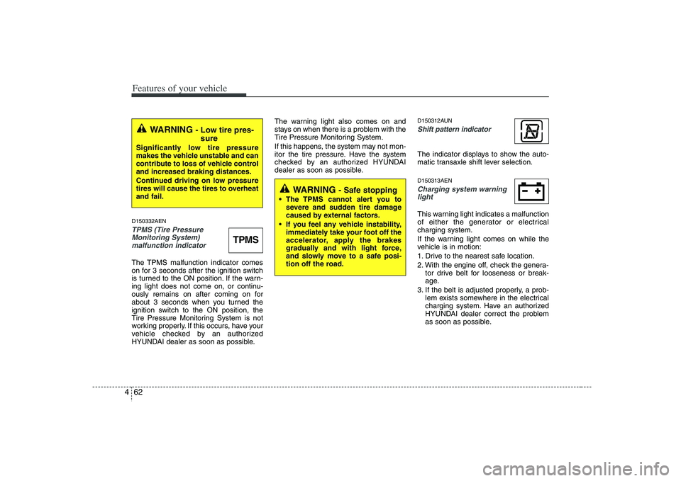 HYUNDAI VERACRUZ 2008  Owners Manual Features of your vehicle62 4D150332AENTPMS (Tire Pressure
Monitoring System) 
malfunction indicator The TPMS malfunction indicator comes
on for 3 seconds after the ignition switch
is turned to the ON 