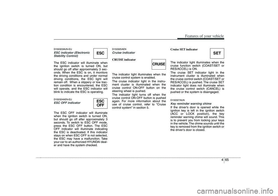 HYUNDAI VERACRUZ 2008 Owners Manual 465
Features of your vehicle
D150323AUN-EUESC indicator (Electronic
Stability Control) The ESC indicator will illuminate when
the ignition switch is turned ON, but
should go off after approximately 3 HYUNDAI VERACRUZ 2008 Owners Manual 465
Features of your vehicle
D150323AUN-EUESC indicator (Electronic
Stability Control) The ESC indicator will illuminate when
the ignition switch is turned ON, but
should go off after approximately 3
