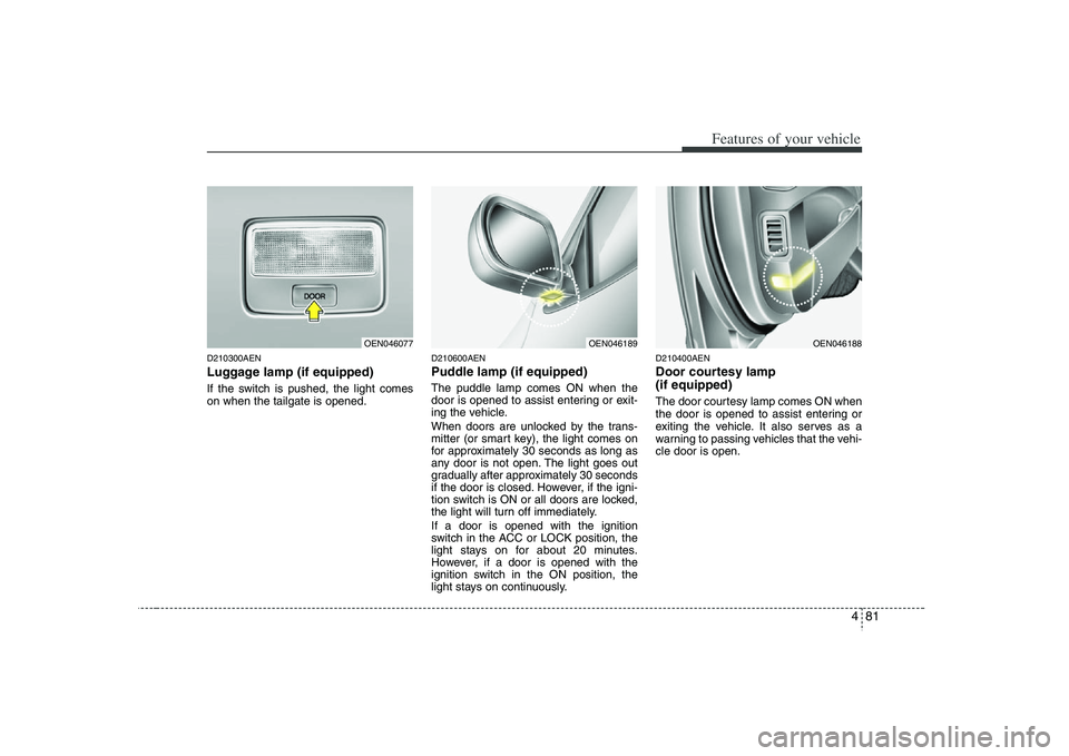 HYUNDAI VERACRUZ 2008  Owners Manual 481
Features of your vehicle
D210300AENLuggage lamp (if equipped)If the switch is pushed, the light comes
on when the tailgate is opened.
D210600AENPuddle lamp (if equipped)The puddle lamp comes ON wh