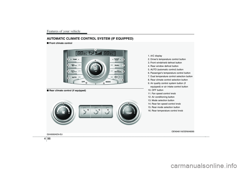 HYUNDAI VERACRUZ 2008  Owners Manual Features of your vehicle96 4AUTOMATIC CLIMATE CONTROL SYSTEM (IF EQUIPPED)
1. A/C display
2. Driver’s temperature control button
3. Front windshield defrost button
4. Rear window defrost button
5. A