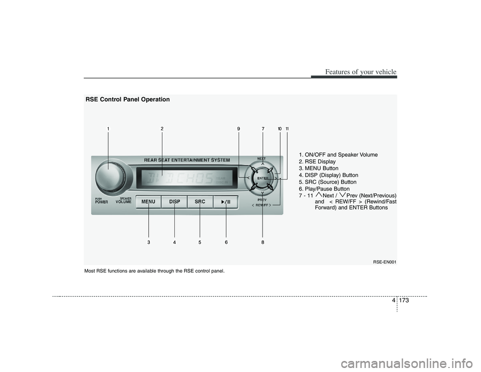 HYUNDAI VERACRUZ 2008  Owners Manual 4173
Features of your vehicle
1. ON/OFF and Speaker Volume
2. RSE Display
3. MENU Button
4. DISP (Display) Button
5. SRC (Source) Button
6. Play/Pause Button
7 - 11  Next /  Prev (Next/Previous)
and  
