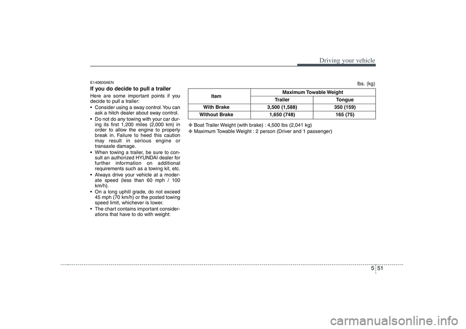 HYUNDAI VERACRUZ 2008 Owners Manual 551
Driving your vehicle
E140600AENIf you do decide to pull a trailerHere are some important points if you
decide to pull a trailer:
Consider using a sway control. You can
ask a hitch dealer about sw HYUNDAI VERACRUZ 2008 Owners Manual 551
Driving your vehicle
E140600AENIf you do decide to pull a trailerHere are some important points if you
decide to pull a trailer:
Consider using a sway control. You can
ask a hitch dealer about sw