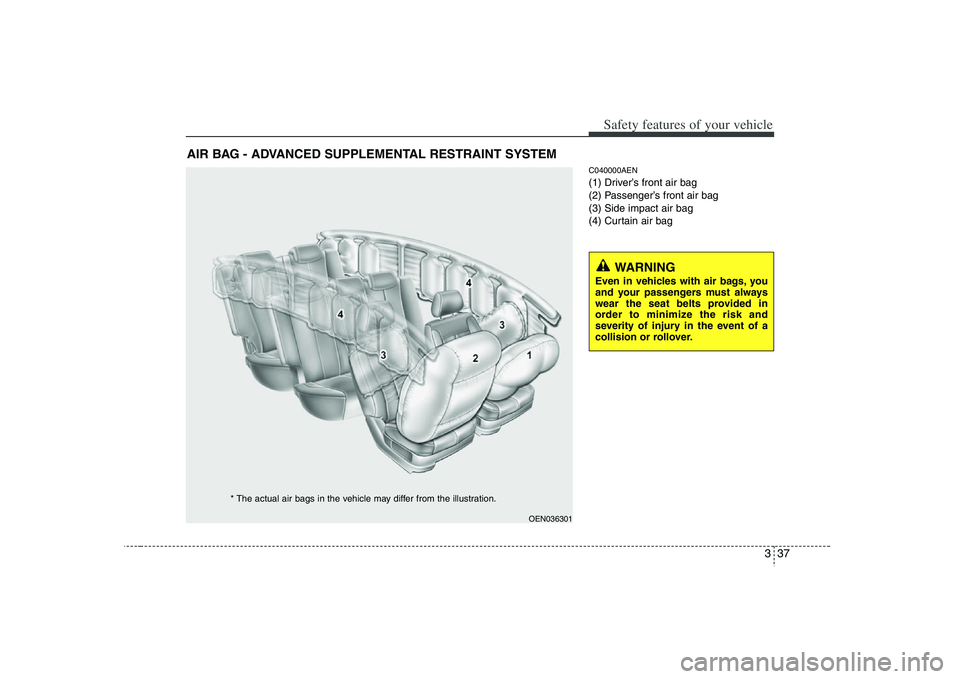 HYUNDAI VERACRUZ 2008 Workshop Manual 337
Safety features of your vehicle
C040000AEN(1) Driver’s front air bag
(2) Passenger’s front air bag
(3) Side impact air bag
(4) Curtain air bag
AIR BAG - ADVANCED SUPPLEMENTAL RESTRAINT SYSTEM
HYUNDAI VERACRUZ 2008 Workshop Manual 337
Safety features of your vehicle
C040000AEN(1) Driver’s front air bag
(2) Passenger’s front air bag
(3) Side impact air bag
(4) Curtain air bag
AIR BAG - ADVANCED SUPPLEMENTAL RESTRAINT SYSTEM