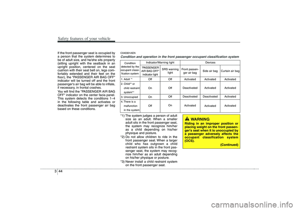 HYUNDAI VERACRUZ 2008 Repair Manual Safety features of your vehicle44 3If the front passenger seat is occupied by
a person that the system determines to
be of adult size, and he/she sits properly
(sitting upright with the seatback in an HYUNDAI VERACRUZ 2008 Repair Manual Safety features of your vehicle44 3If the front passenger seat is occupied by
a person that the system determines to
be of adult size, and he/she sits properly
(sitting upright with the seatback in an