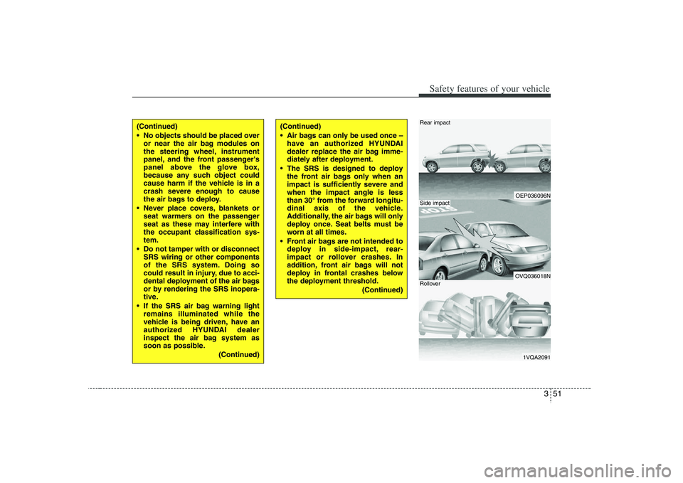 HYUNDAI VERACRUZ 2008 User Guide 351
Safety features of your vehicle
OEP036096NOVQ036018N1VQA2091
Rear impactSide impactRollover
(Continued)
No objects should be placed over
or near the air bag modules on
the steering wheel, instrum HYUNDAI VERACRUZ 2008 User Guide 351
Safety features of your vehicle
OEP036096NOVQ036018N1VQA2091
Rear impactSide impactRollover
(Continued)
No objects should be placed over
or near the air bag modules on
the steering wheel, instrum